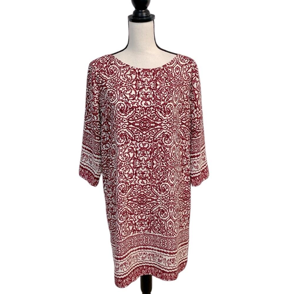 Skies Are Blue Burgundy and Ivory 3/4 Sleeve Shift Dress Large